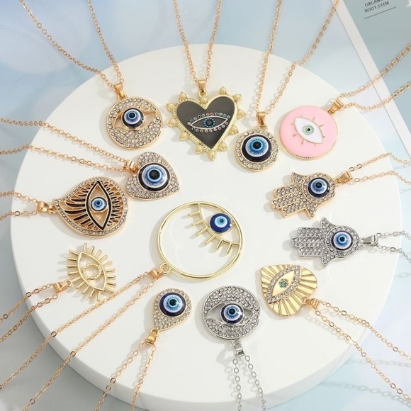 Evil Eye Water Droplet Gold, Rhinestone studded Pendant - Picture 5 of 6